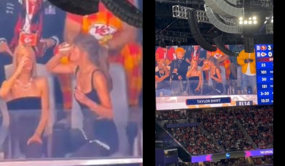 Crowd goes wild after spotting Taylor Swift chugging beer on jumbotron live at Super Bowl