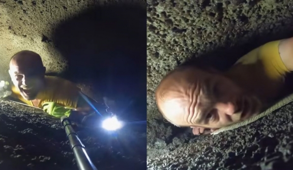 Man films himself getting stuck in a very tight cave