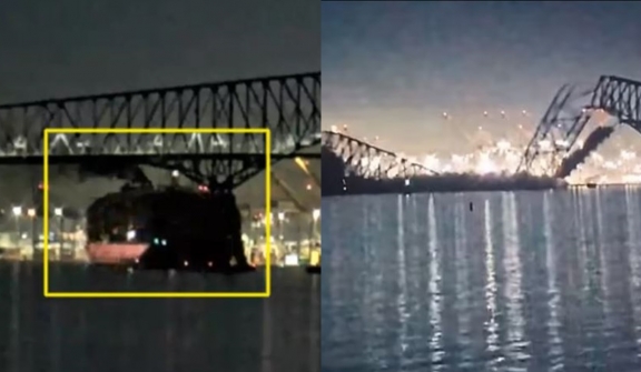  CCTV footage reveals cargo ship leaking smoke and 'losing power' before hitting bridge