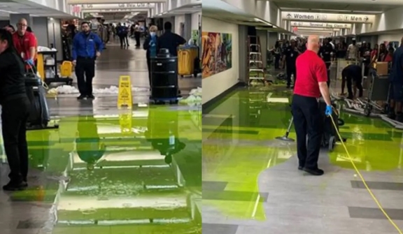 Passneger stunned after spotting strange green liquid on ceiling of Miami International Airport