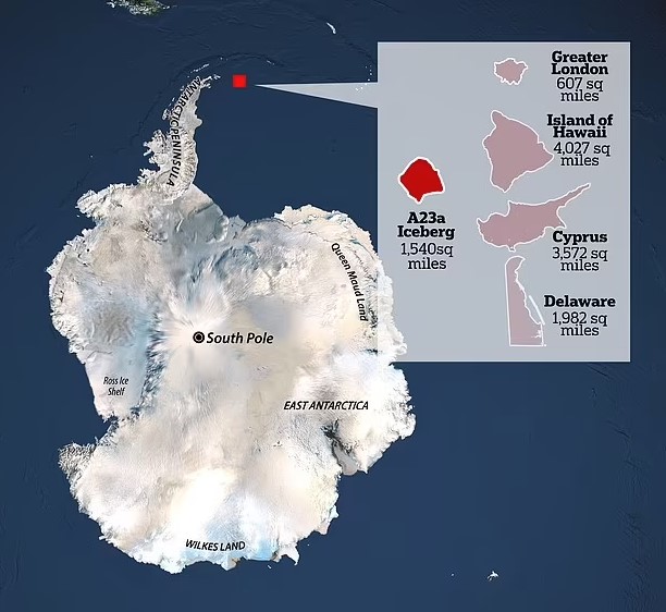 A23a, a massive 1,312 feet thick block of ice, spans 1,540 sq miles, more than twice the size of Greater London. Image Credit: apps.sentinel-hub.com