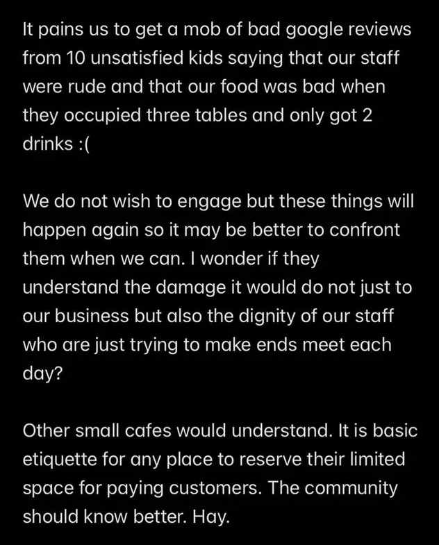 Cafe sparks divided opinions after kicking out group of 10 non-paying customers taking up three tables 3