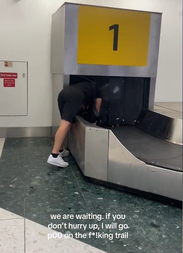 Traveler sparks debate after taking ride on baggage carousel and stating to poop on it for waiting luggage too long 2