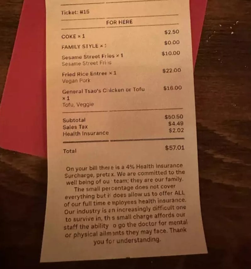 Customers furious after discovering restaurant charges 2% 'absurd' health insurance fees on each bill 1