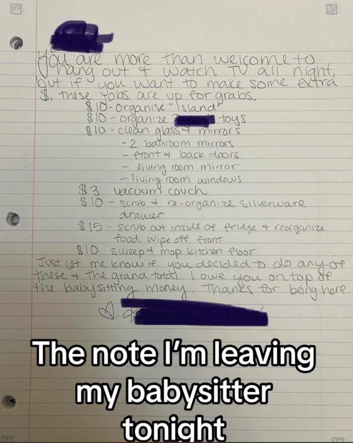 Mother sparks debate after sharing a chore list for 17-year-old babysitter with low payment options 3