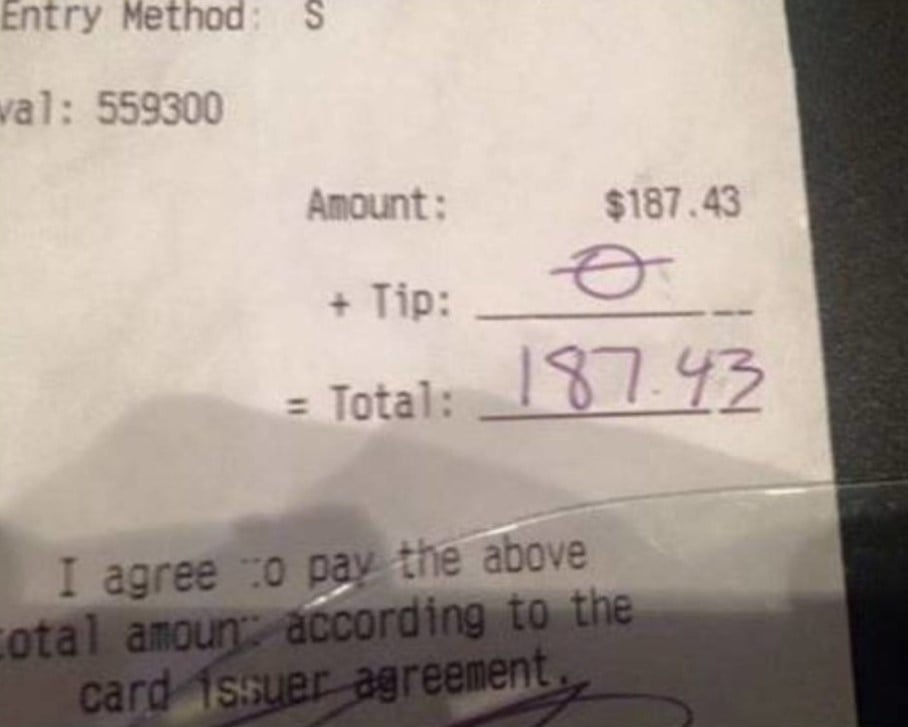 Waitress expresses disappointment as she gets ‘$0’ tip on ‘$187’ bill 1