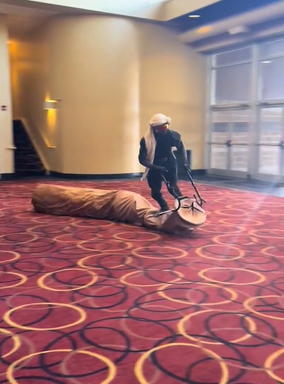 A man drives Sandworm to the movie theater, an icon creature in the Dune 2 movie. Image Credit: TikTok/@josh.gammon