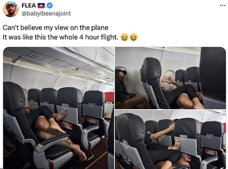 Passengers baffled as couple get intimate while lying down across a row of seats barefoot during flight 2