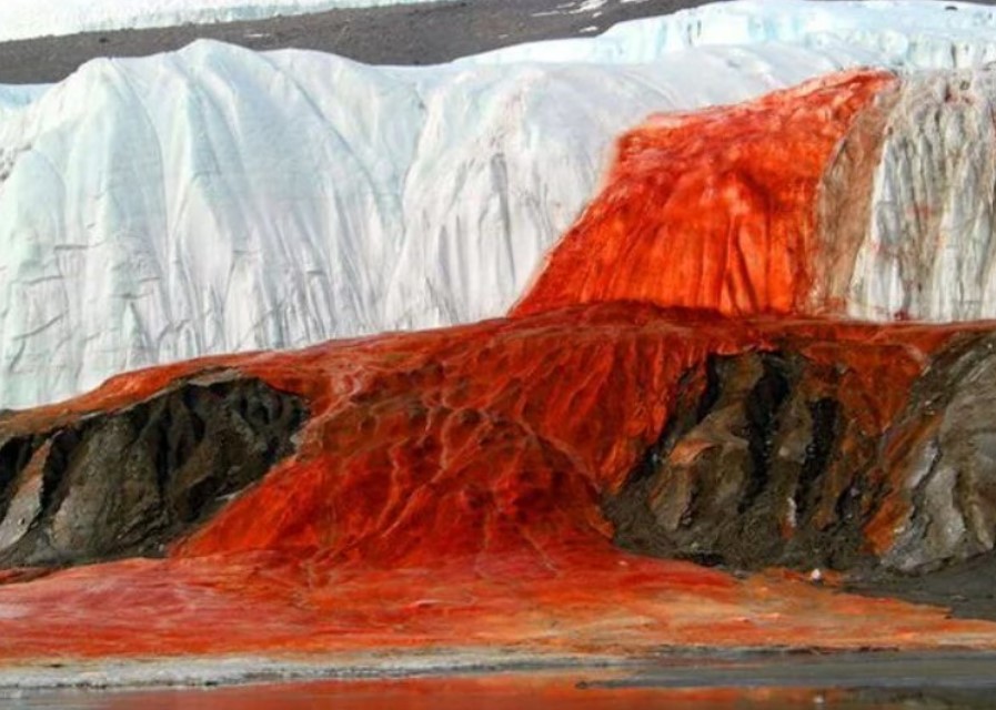 Water with a blood-like red color flows from Taylor Glacier onto West Lake Bonney in East Antarctica, known as the enigmatic Blood Falls. Image Credit: Getty