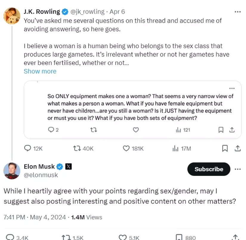 He advised Rowling to swift other topics rather than focus on sex and gender too much. Image Credit: X