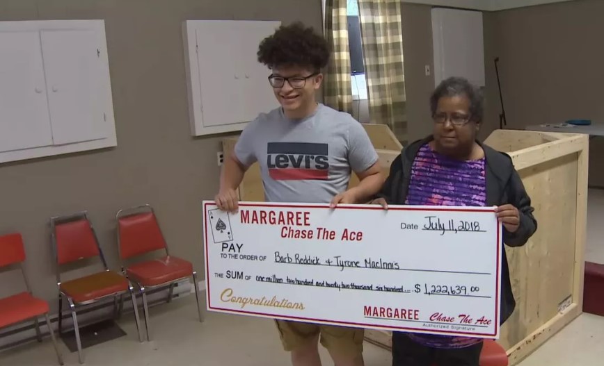 Aunt and nephew happily displayed a $1.2 million lottery check, unaware of the impending dispute over the winnings. Image Credit: CBC News