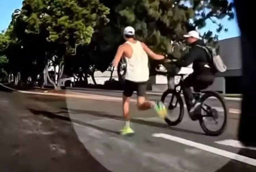 Prado's father provided hydration three times during the race, captured on footage by NBC Los Angeles. Image Credit: NBC