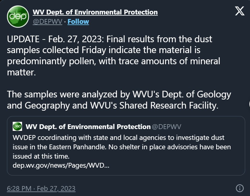 Dust samples were examined by West Virginia University's experts for a conclusive answer. Image Credit: X