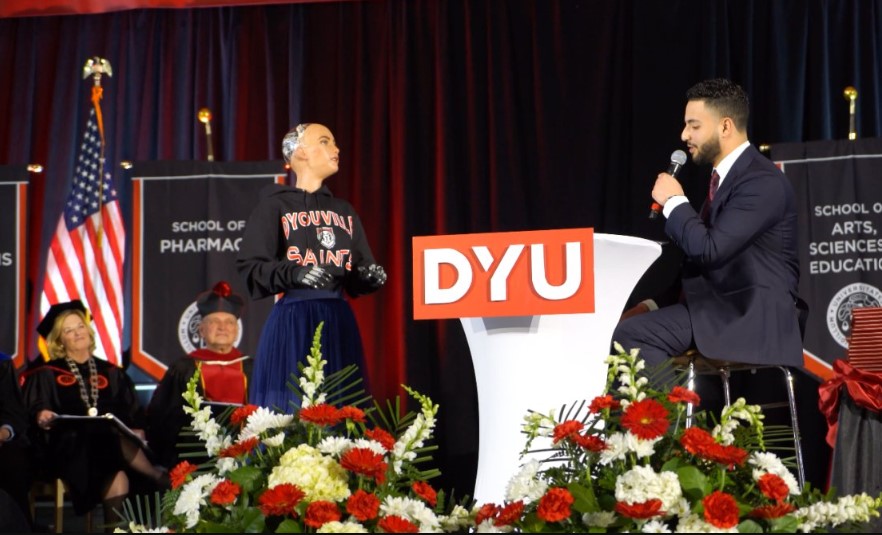 D'Youville University used a robot named Sophia to deliver the commencement speech for the spring 2024 graduation. Image Credit: D'Youville University