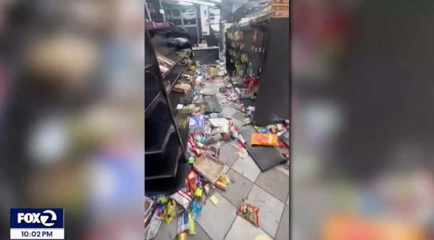 Around 80-100 robbers forcibly entered the gas station, causing extensive damage and theft. Image Credit: KTVU FOX 2 San Francisco/YouTube