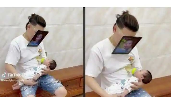 Dad goes viral on TikTok for wearing mother's mask to teach breastfeeding to his son 1