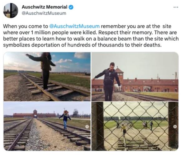 Auschwitz visitor faces spark outrage after posing take a photo on the train tracks 2