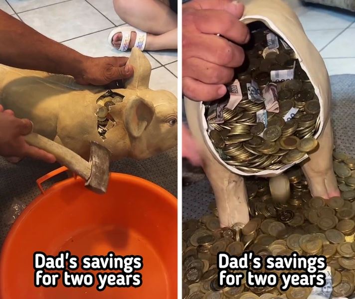 A man saves money for two years and surprises everyone upon breaking his piggy bank 2
