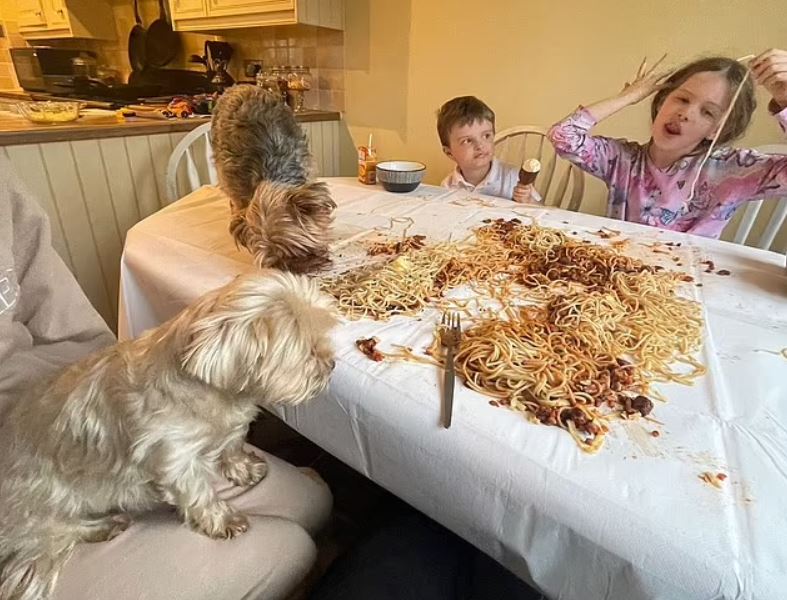 Mother reveals ‘hack’ to avoid washing up plates by dumping entire spaghetti dinner on the table for her children 3