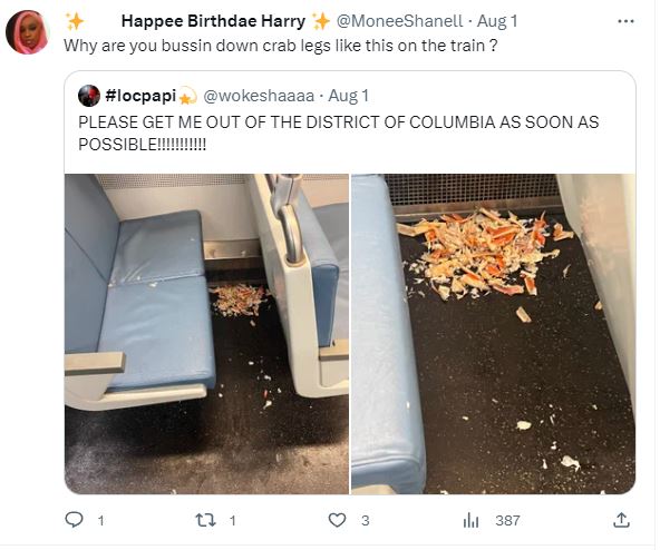 Passenger sparks debate after eating crab legs and then leaves the mess on a train 4