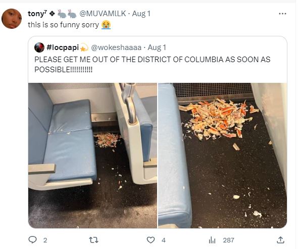 Passenger sparks debate after eating crab legs and then leaves the mess on a train 6