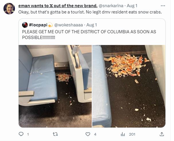 Passenger sparks debate after eating crab legs and then leaves the mess on a train 7