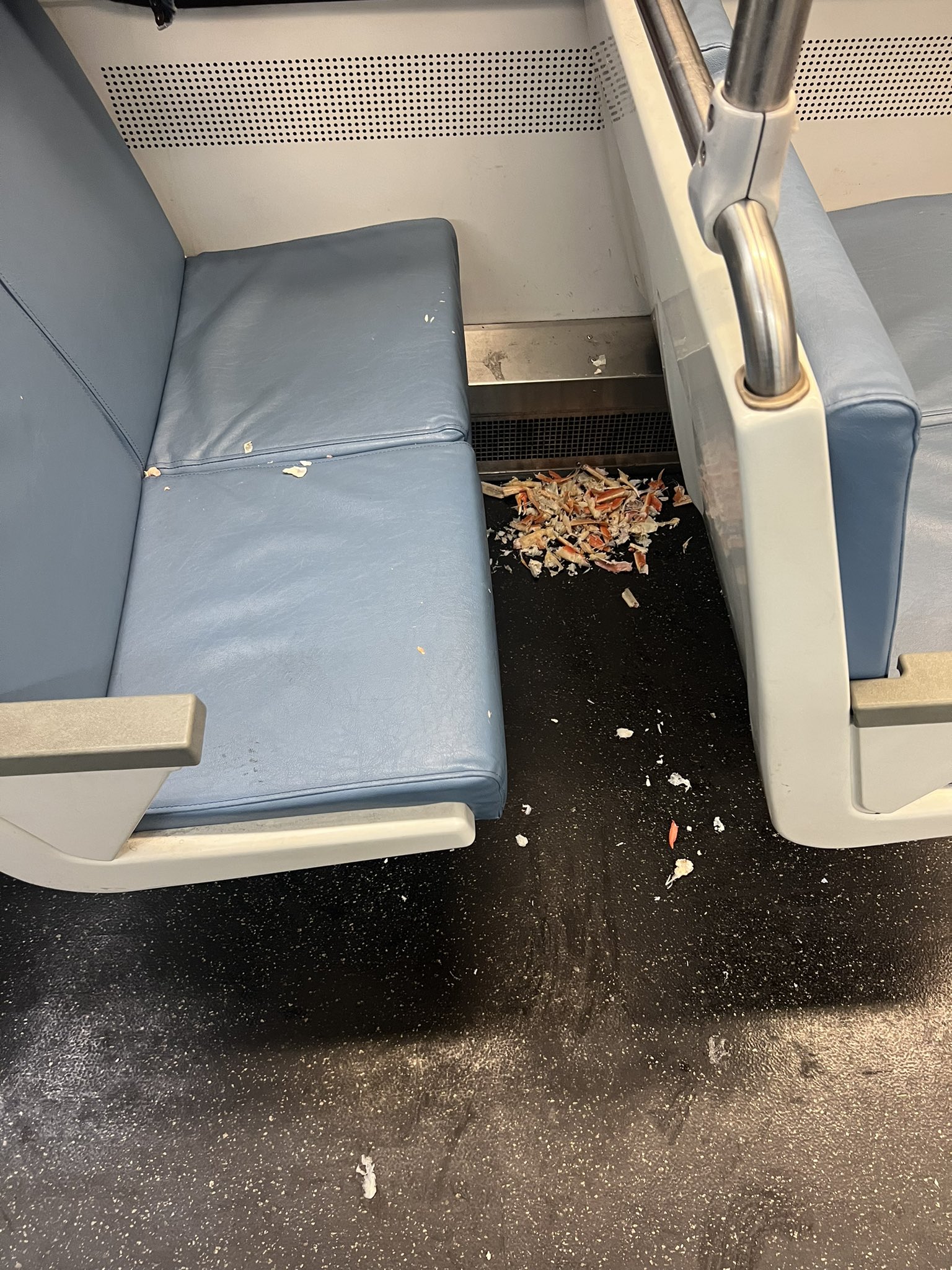 Passenger sparks debate after eating crab legs and then leaves the mess on a train 1