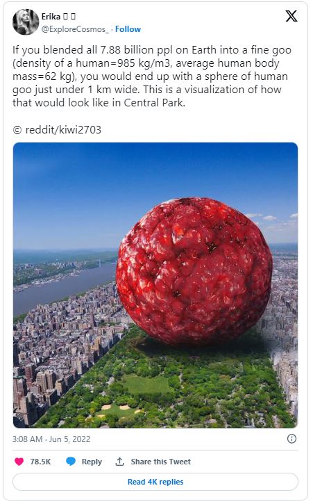  Calculation shows that if everyone in the world were blended together, it would create a meatball only three Eiffel Towers wide 1