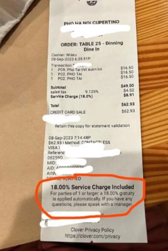 Restaurant has sparked debate after adding 18% service charge for ‘parties of 1’ or more 2