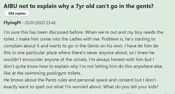 Mum won't let her son, 7, use the men's toilets alone in case 'someone dodgy' approaches him 3