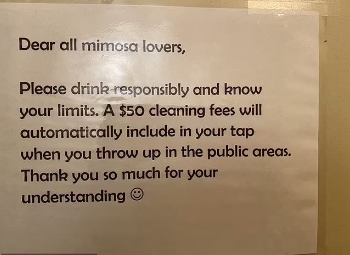 Restaurant charges ‘vomit fee’ for customers who drink too many mimosas 2