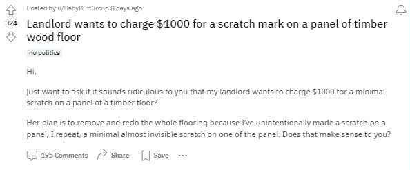 Sydney landlord sparked debate after demanding a tenant pay $1,000 to repair one 'almost invisible' scratch on a timber wood floor 1