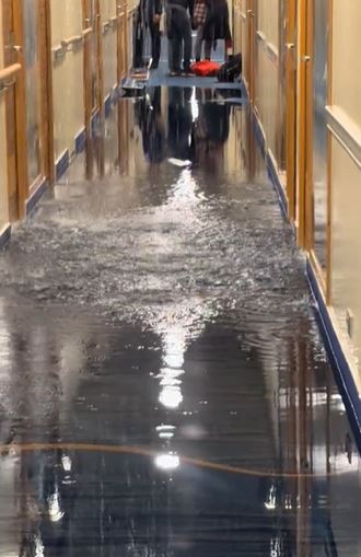 Cruise passengers stunned after waking to find water gushing through the ceiling of a ship 3