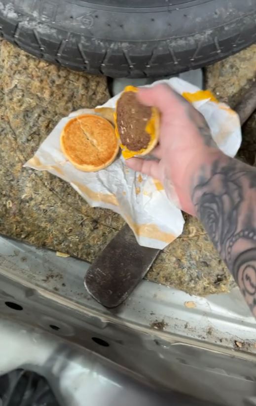 Man stunned after spotting a 'fossilised' McDonald's cheeseburger in the back of an old car for years 1