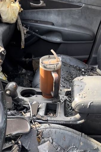 Woman stunned after spotting Stanley Travel Mug survive car fire; company offers to replace vehicle 1