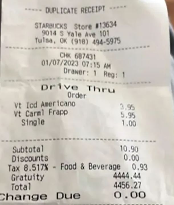 A picture of the receipt showed the bill of nearly $4,500 for two coffees. Image Credits: FOX23