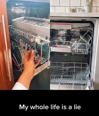 This straightforward adjustment addresses the problem of fitting a tall glass in the top drawer, ensuring the dishwasher door closes smoothly. Image Credits: TikTok/@hotdogsilly