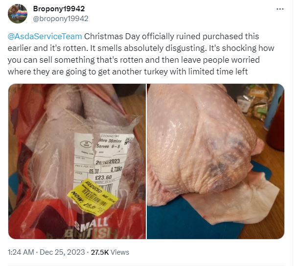 On X, customers ignited a debate by sharing pictures of 'slimy' turkeys they had purchased from Sainsbury's, Tesco, Aldi, and Asda. Image credit: @Bropony19942/Twitter