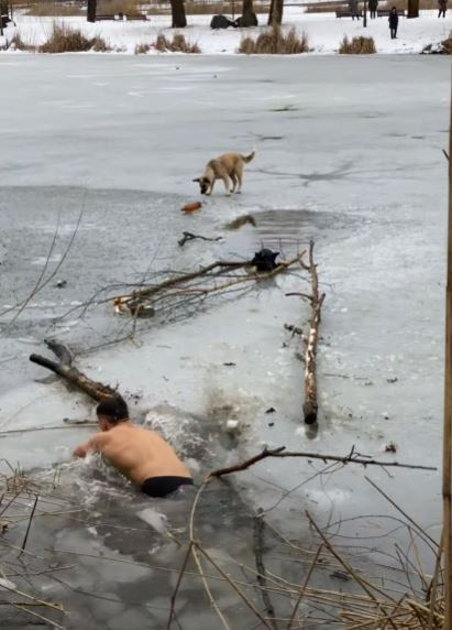 Brave man leaps into freezing lake to rescue trapped dog 1