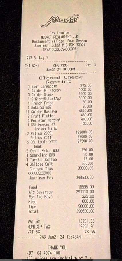 Salt Bae shows off ridiculous $108,000 bill in Dubai restaurant 1