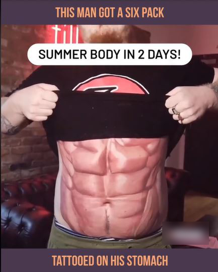 Man gets a six-pack tattoo to achieve body goal without the gym and diet 4