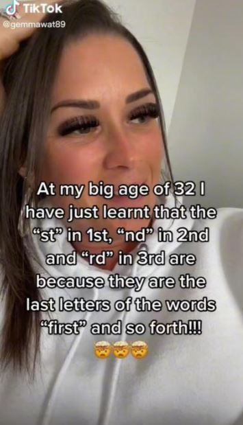 A woman's revelation on social media about the abbreviation of '1st, 2nd, 3rd' left many users astonished. Image Credits: TikTok/gemmawat89