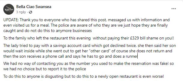 The incident left the restaurant boss devastated and sparked debate online. Image Credits: Bella Ciao Swansea/Facebook