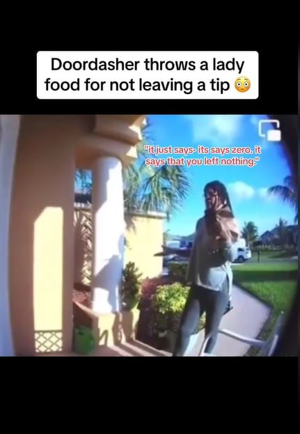 A delivery driver angered over lack of tip threw a customer's order on the ground.  Image Credit: TikTok/@dashdropfood