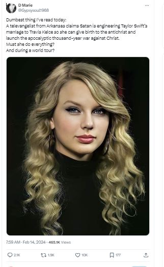 A new theory suggests Swift's connection to Travis Kelce links her to the 'Antichrist'. Image Credits: X