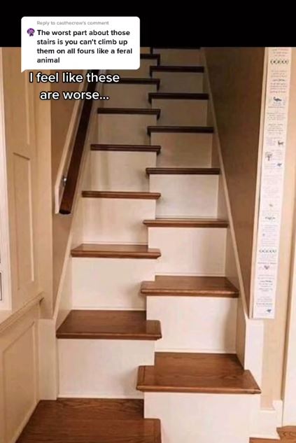 These stairs, also known as 'alternate tread stairs,' are designed to conserve space by having narrower and staggered steps. Image Credits: @itsthatrealestatechick/TikTok