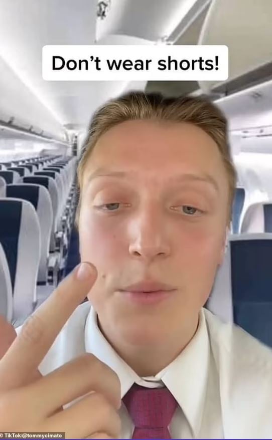 Tommy Cimato shares reasons why wearing shorts on planes is discouraged in a viral TikTok video. Image Credits: TikTok/@tommycimato