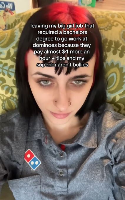Domino’s worker earns more $4 per hour than previous corporate job A Domino’s worker now earns $4 more per hour than her corporate job. Image Credits: @c0rynne/TikTok