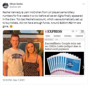 Young couple, Rachel Kennedy and Liam McCrohan were devastated after missing out on the $216 million EuroMillions jackpot. Image Credits: X