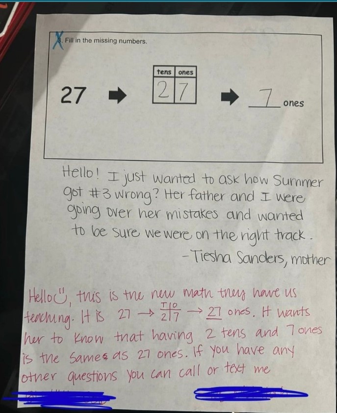 Another mother baffled by new math curriculum, disputes teaching method with teacher.  Image Credits: Reddit